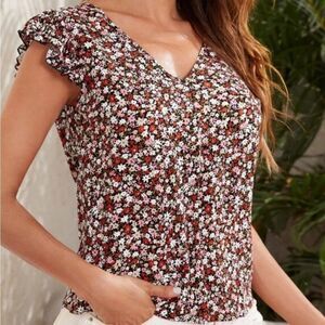 BRAND NEW SUMMER TOPS RUFFLE SHORT SLEEVE V-NECK T-SHIRT VINTAGES FLORAL BLOUSE